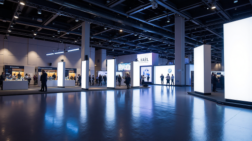 工业展会现场，参展商展示产品，参观者交流，行业会议背景