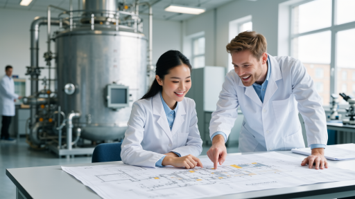 技术研发团队工作场景，工程师讨论技术方案，实验室设备