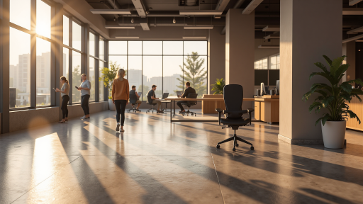 现代化办公环境，开放式办公区域，员工团队协作，积极工作氛围